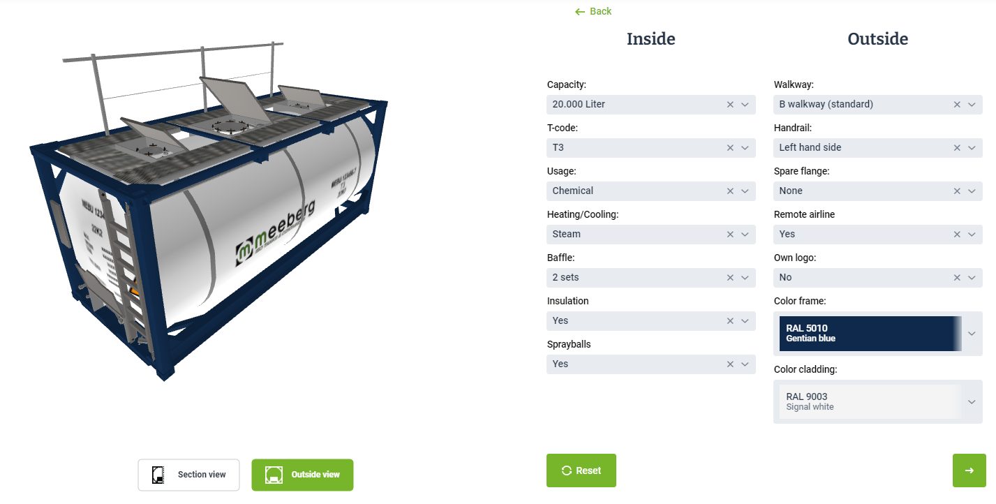 CPQing screenshot: Tankcontainer configurator. Integrated in customers website.