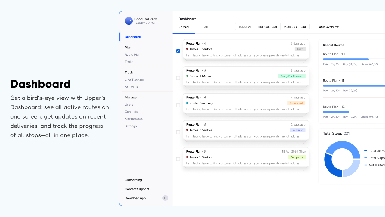 Upper screenshot: Get a bird’s-eye view with Upper’s Dashboard: see all active routes on one screen, get updates on recent deliveries, and track the progress of all stops—all in one place.