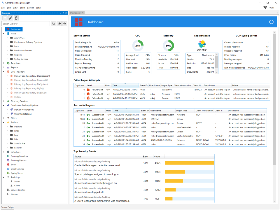 Corner Bowl Event Log Manager dashboard