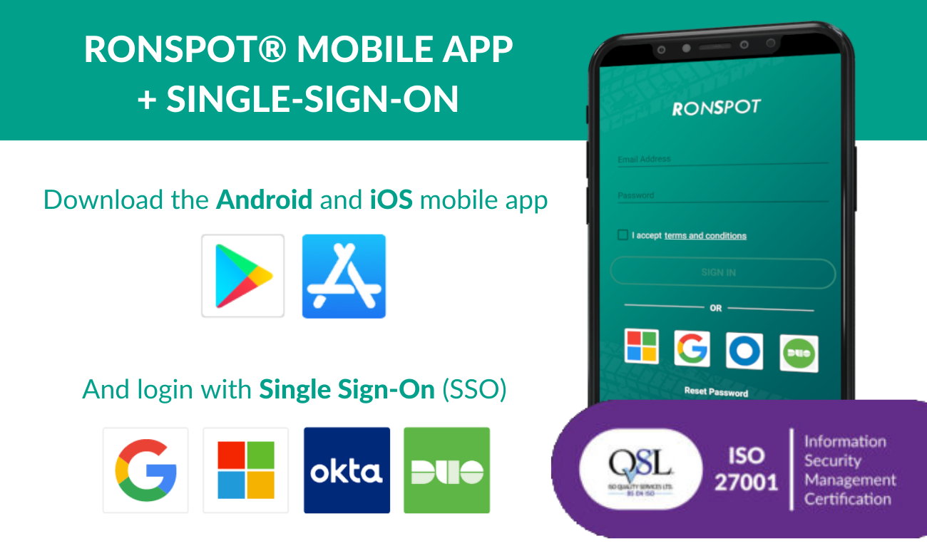 Ronspot Software - Employees can easily download the Ronspot mobile app for free on Google Play (Android) and the AppStore (iOS). They can login with Single Sign-On using existing credentials (Microsoft Azure, Google, Okta and Duo accounts).
