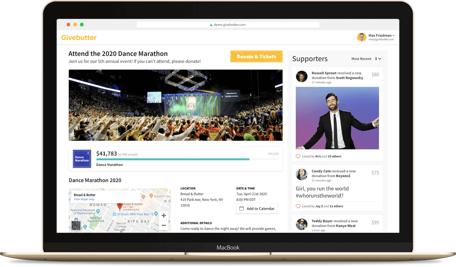 Use the Givebutter platform to sell tickets for fundraising events, with features like text-to-donate and donation upsells built-in