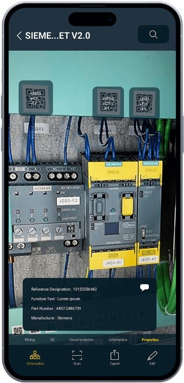 WSCAD ELECTRIX Software - Cabinet augmented reality (AR) app - Scan QR codes (generated in WSCAD software) with your mobile phone app to gain access to 3D view of the components, factsheets and the exact location of the components in the schematic pages.