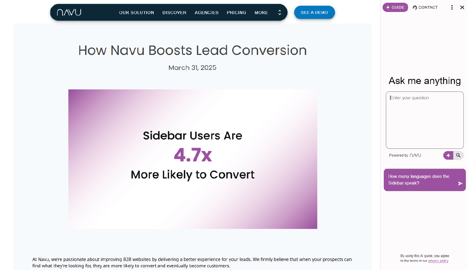 Navu screenshot: The Navu Sidebar sits across your website, allowing visitors to find anything they're looking for within seconds and helping them convert