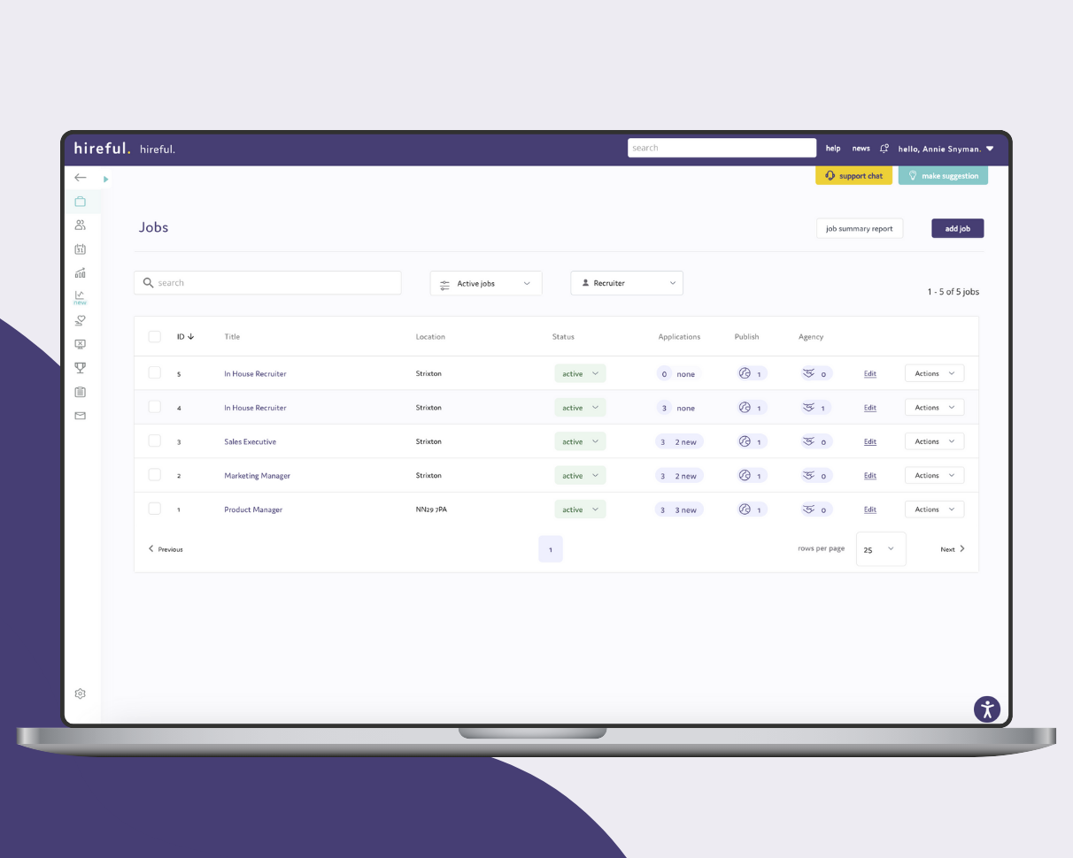 hireful screenshot: Jobs list showing: all applicants, new applicants, where the job is published and agencies it is released to.