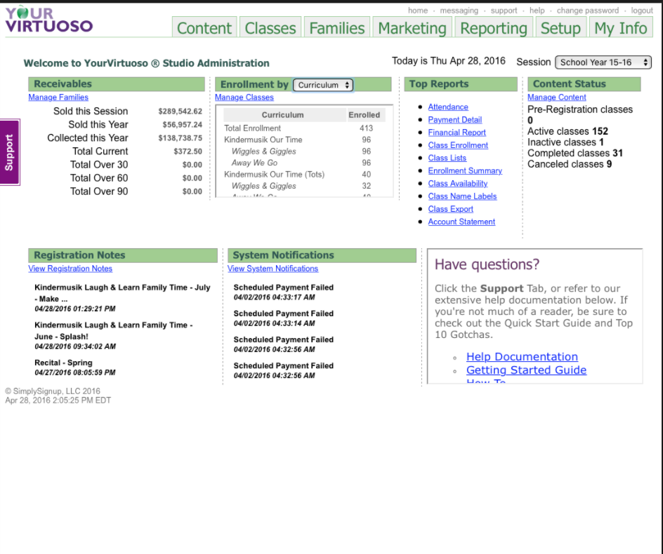 YourVirtuoso Software - See an instant summary of sales for the session and year, and enrollments by teacher, location and curriculum