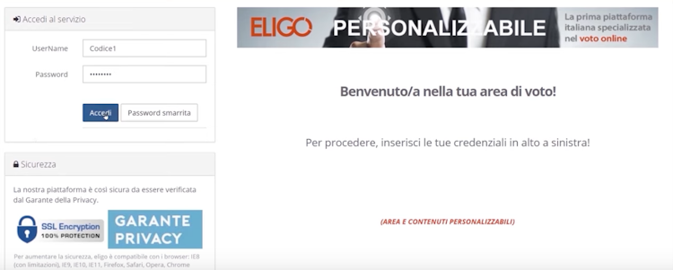 Eligo screenshot: Access to the voting platform