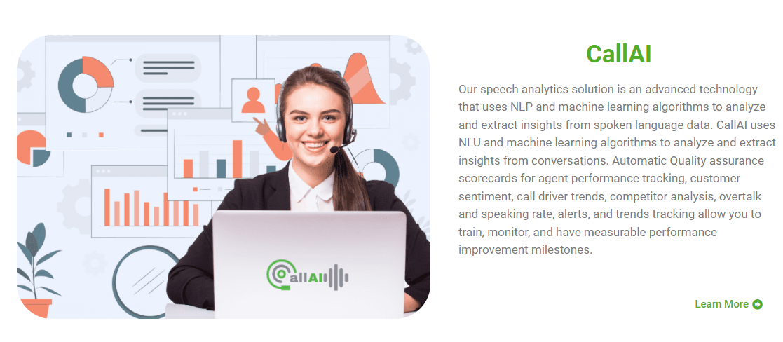 CallAI screenshot: CallAI helps you improve your calls and customer satisfaction. It monitors call drivers, script compliance, quality assurance, competitor mentions, customer satisfaction, agent training, sentiment and empathy. It lets you track goals and improvement plans