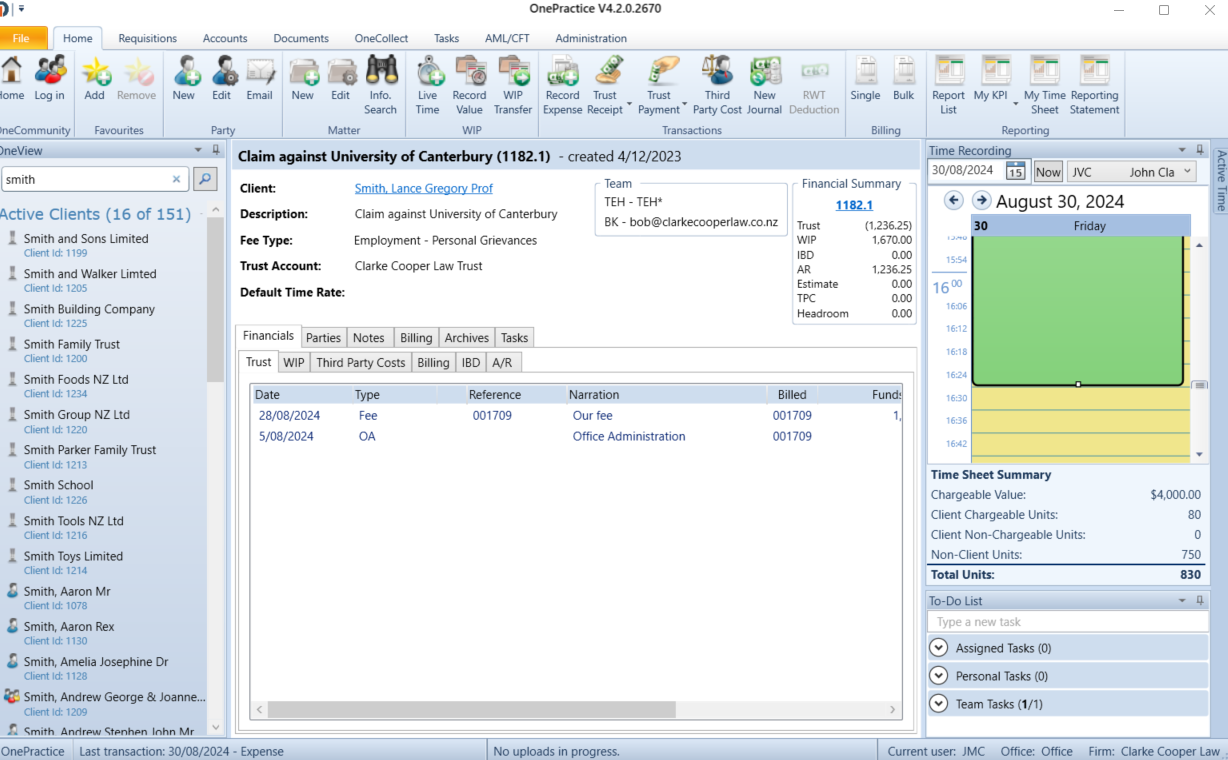 OneLaw screenshot: OneLaw client and matter information