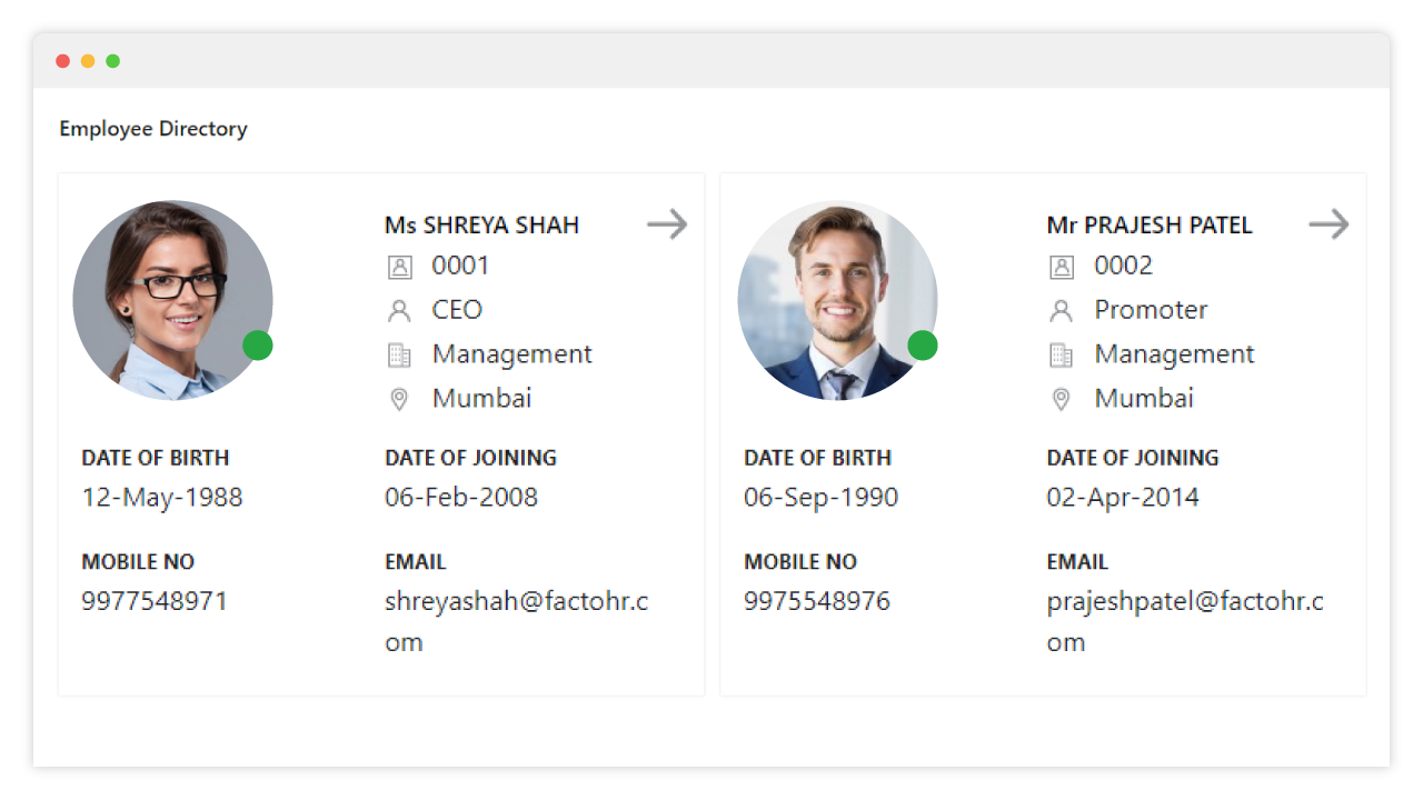 factoHR screenshot: Employee Master