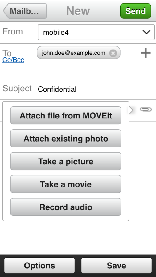 MOVEit Software - The native MOVEit app, shown on Android, allows attachments to be added to emails directly from MOVEit