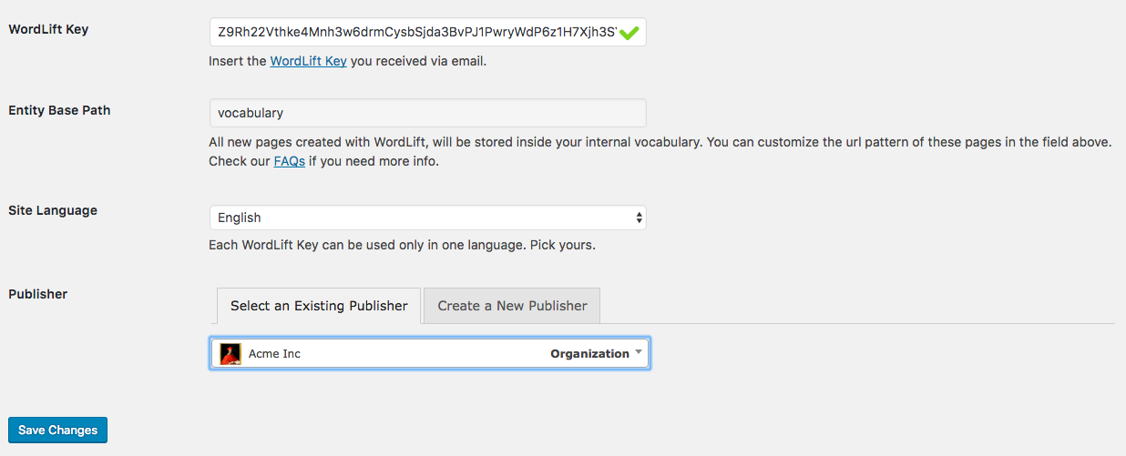 an overview of the settings of the WordPress plugin that connects to the platform.