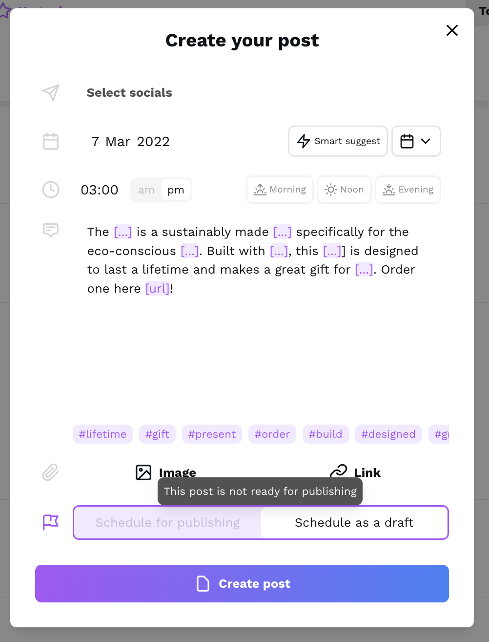 Seenly screenshot: Create your post as a draft or scheduled for publishing