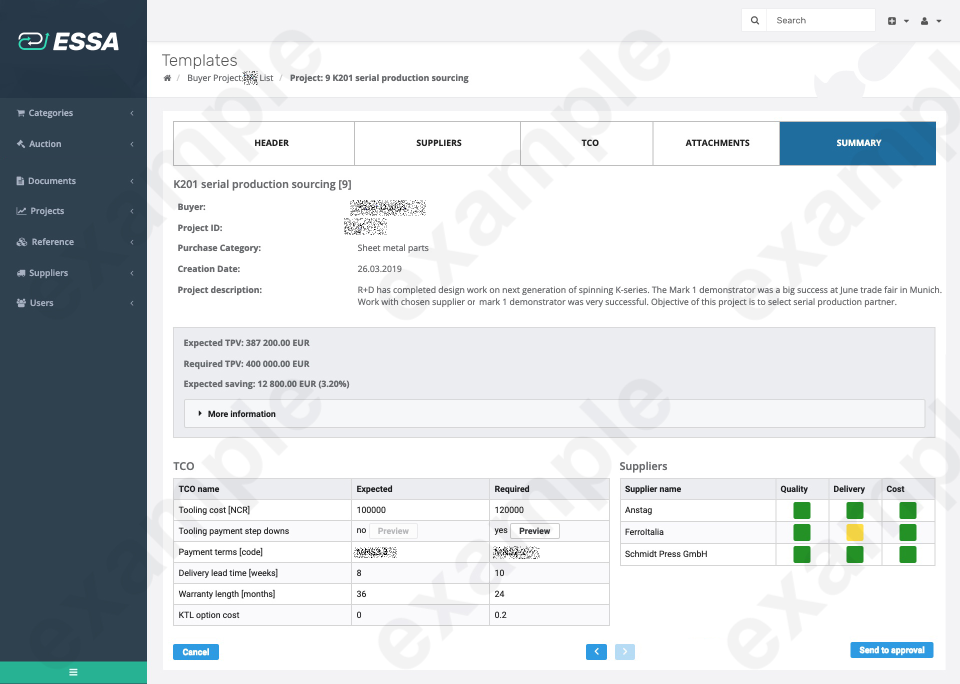 ESSA screenshot: ESSA sourcing plan summary