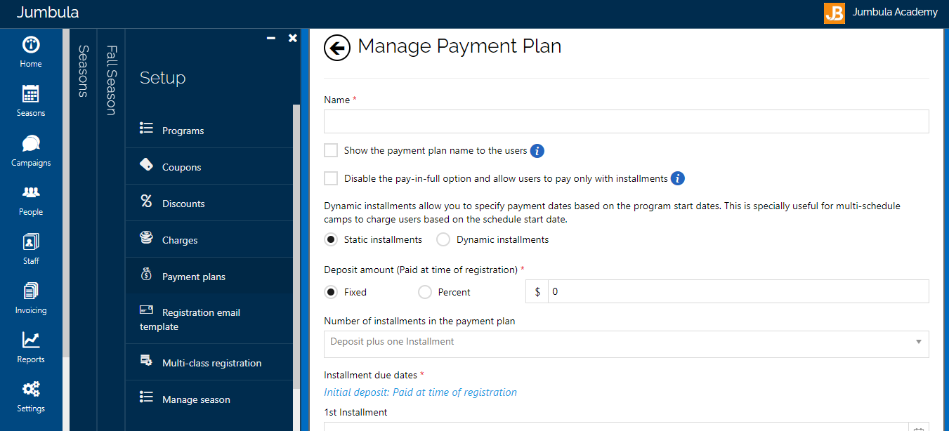 Jumbula Software - Payment plans: fully customizable payment plan options
