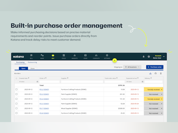 Katana Cloud Inventory Software - Make informed purchasing decisions based on precise material requirements and reorder points. Issue purchase orders directly from Katana and track delay risks to meet customer demand.