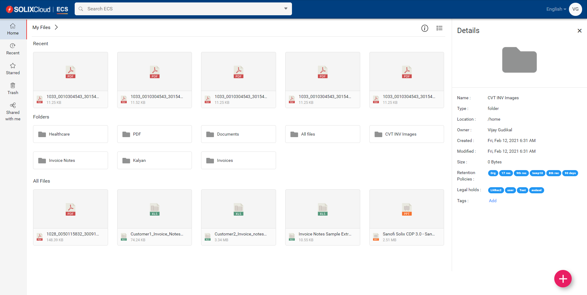 SOLIXCloud ECS screenshot: Folder Details  - With self-service capabilities, you can enable easy file storage and file sharing across your organization effectively. Enforce information governance policies to ensure compliance with internal and external needs.