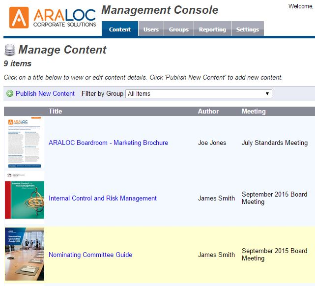 Sensitive Content Manager screenshot: Management Console showing publish new content options