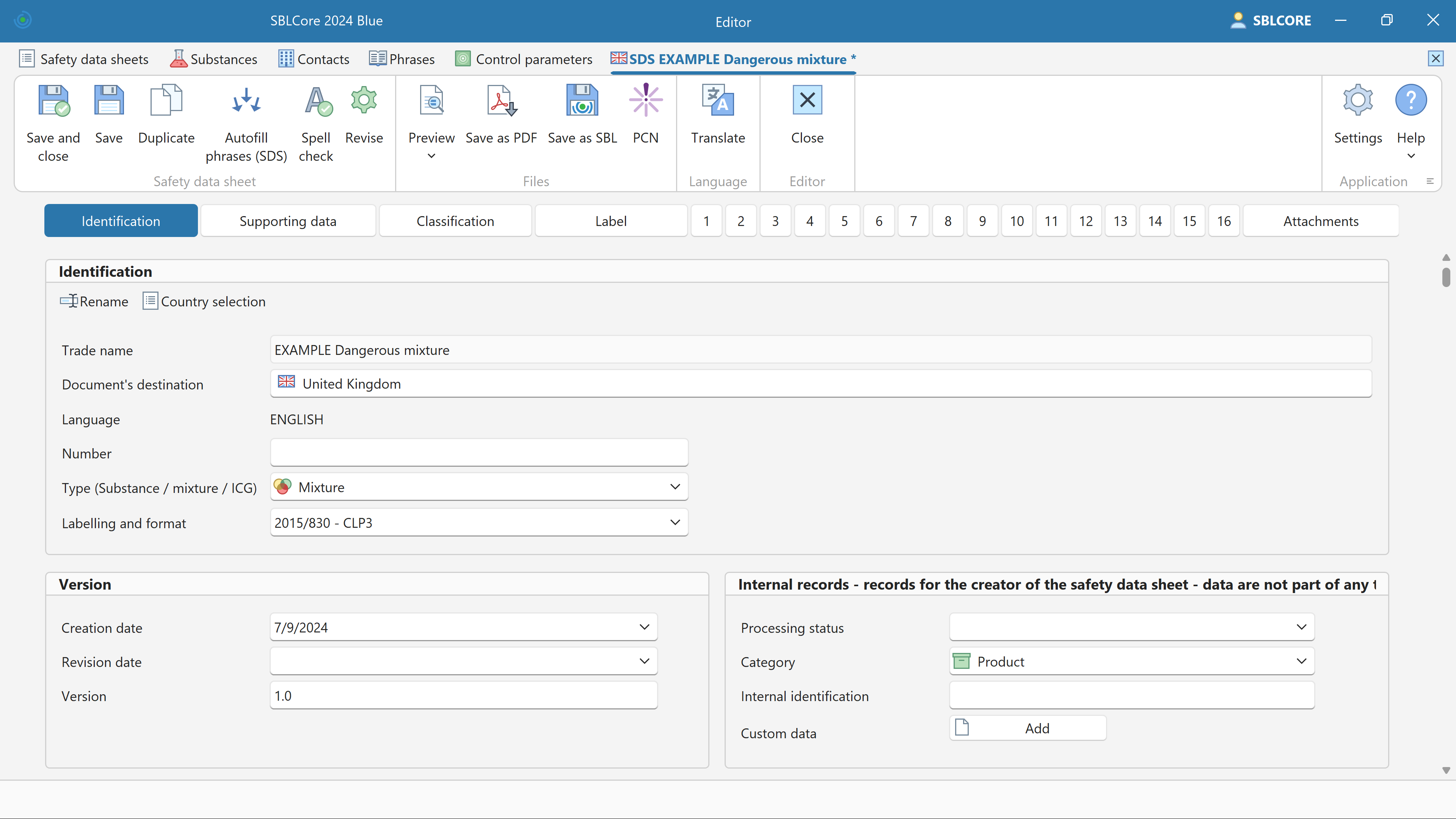 SBLCore screenshot: The SDS editor is comprehensive and intuitive