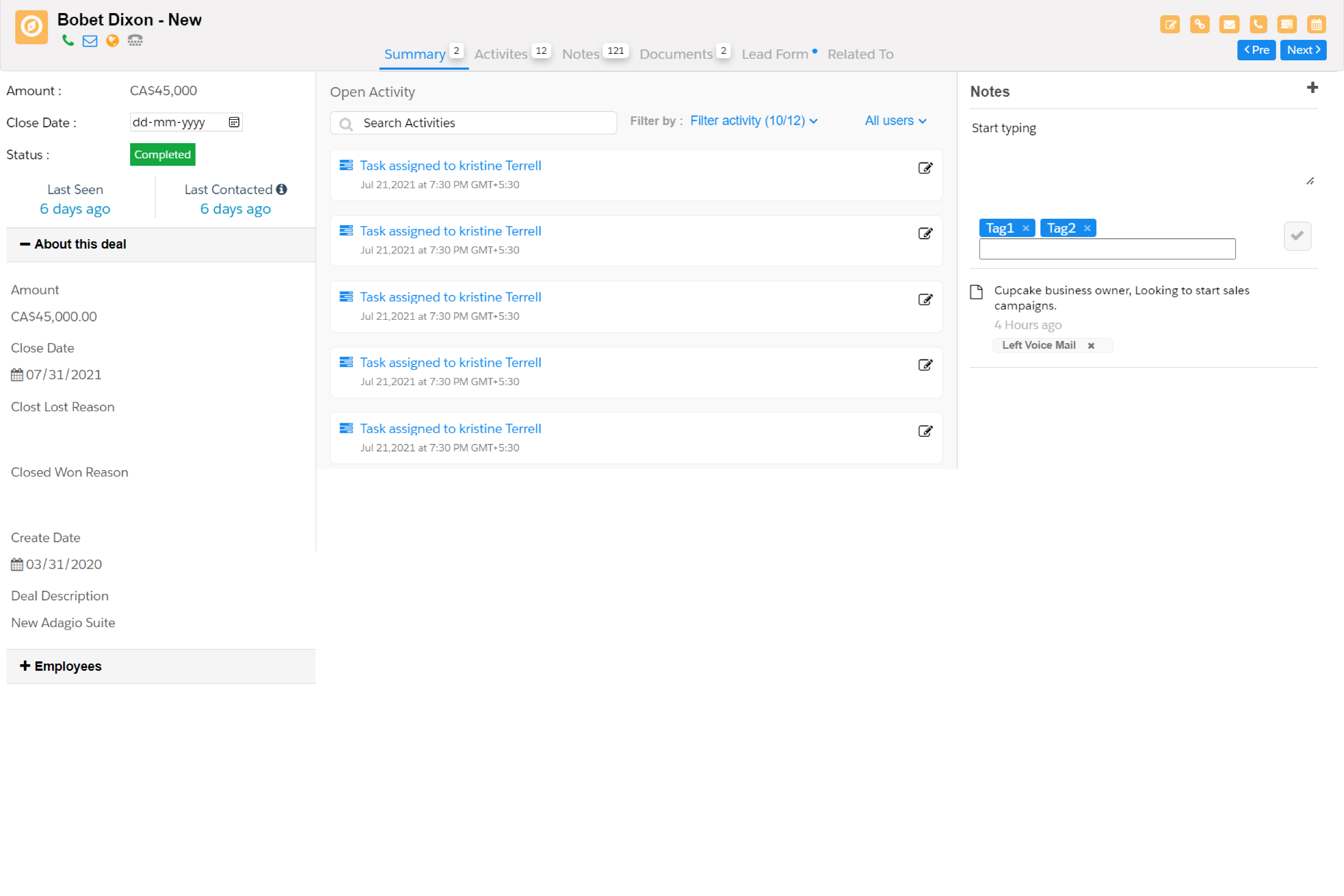 ArcCRM screenshot: ArcCRM open activity view