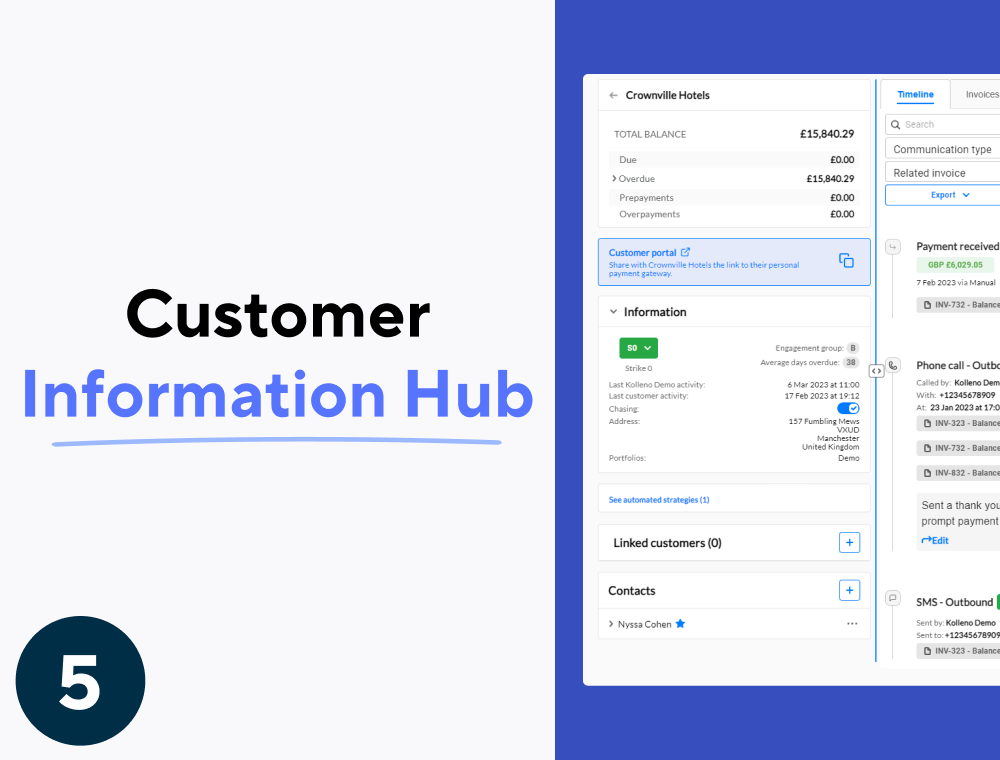 Stay on top of your customer's information with a comprehensive and detailed timeline that allows you to communicate with your client base via several methods of communication like Email or SMS