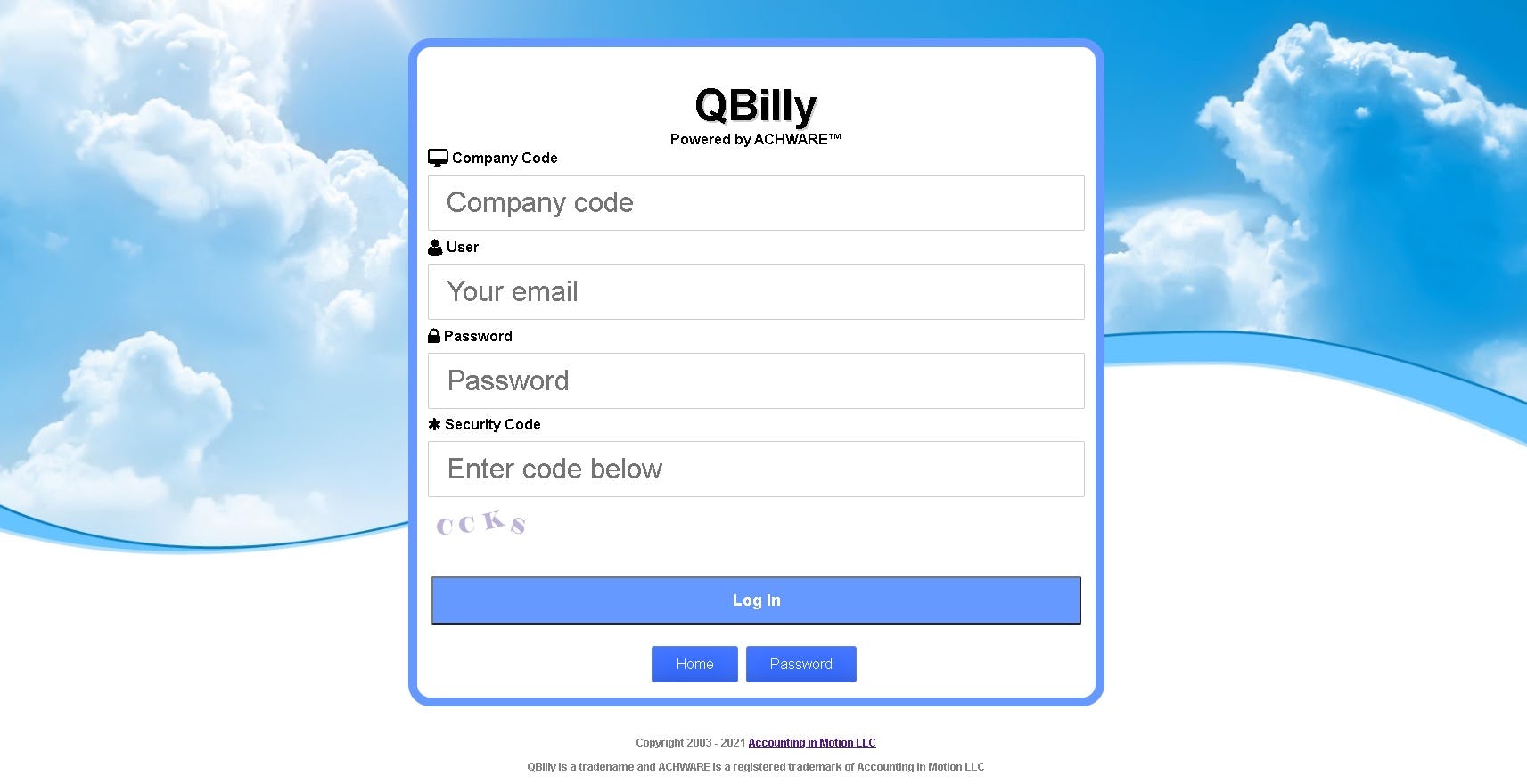 QBILLY Software - QBILLY login screen