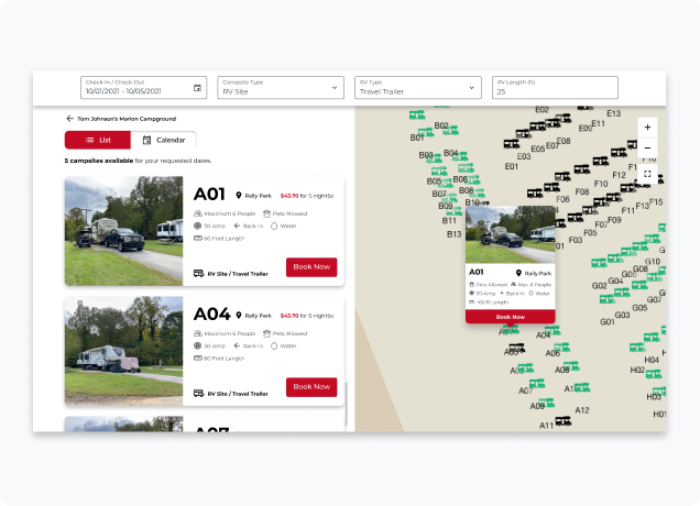 Interactive Site Map - We create an interactive site map of your campground using a satellite view of your property. When a guest books online, they’ll be able to see your entire park, photos and amenities at each campsite.