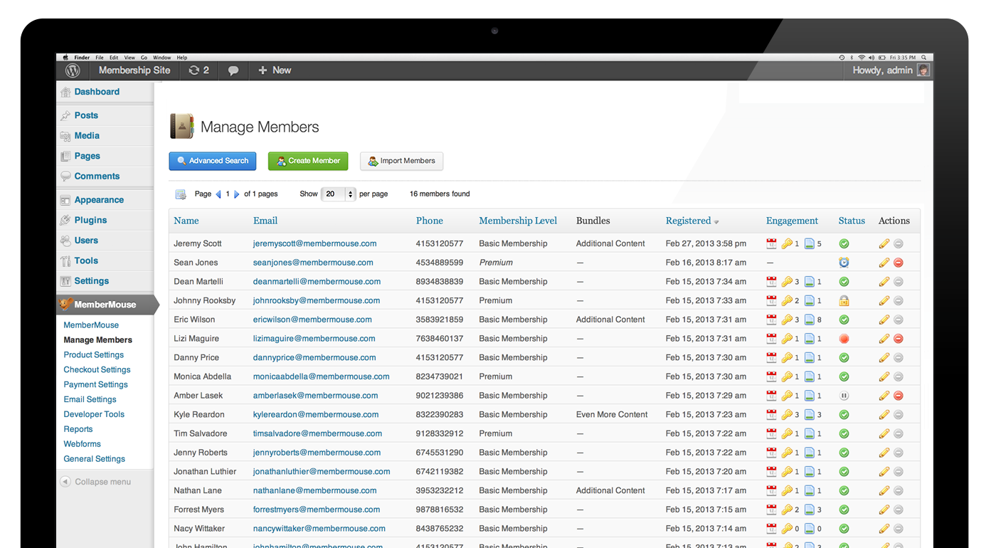 Manage members screen
