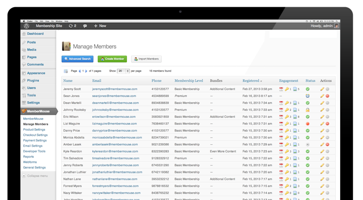 MemberMouse screenshot: Manage members screen