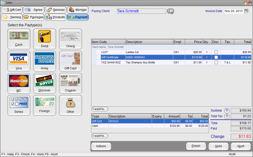 Insight screenshot: Insight salon & spa software accepts multiple payment methods even for a single invoice