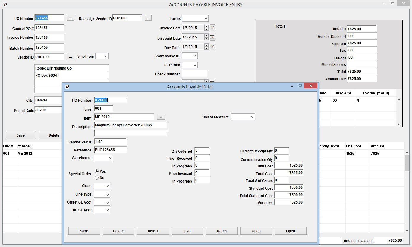 DistributionPlus screenshot: Accounts payable and invoice details can be entered online using the software
