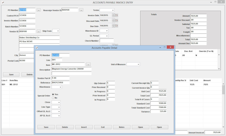DistributionPlus screenshot: Accounts payable and invoice details can be entered online using the software