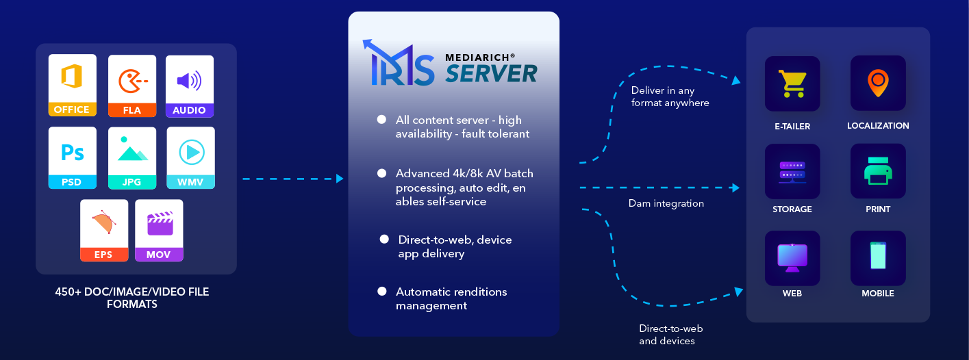 MediaRich Server bridges diverse media types and delivery platforms, allowing businesses to manage and distribute content effortlessly, from web to mobile.