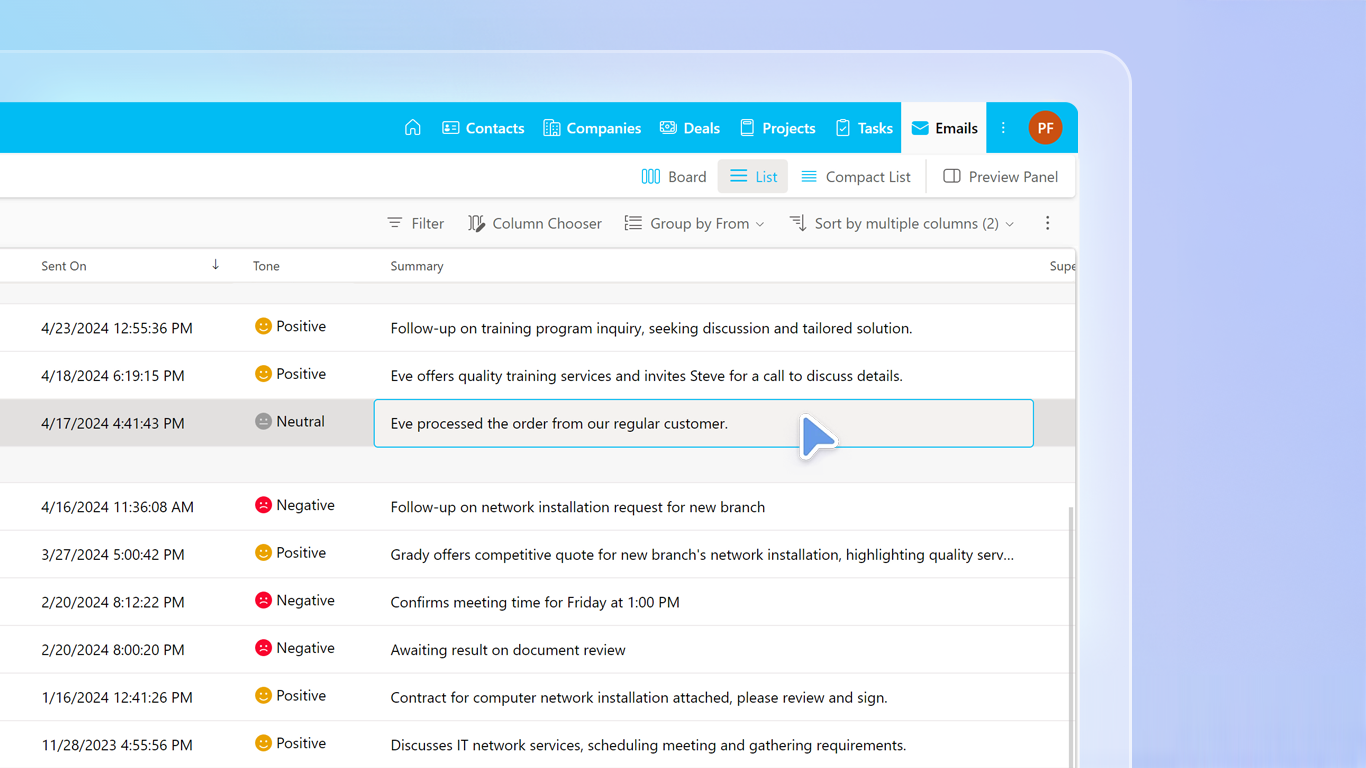 eWay-CRM Software - Identify emails that need your attention using our AI. It automatically gets the email tone and creates a summary so you can focus on the important interactions.