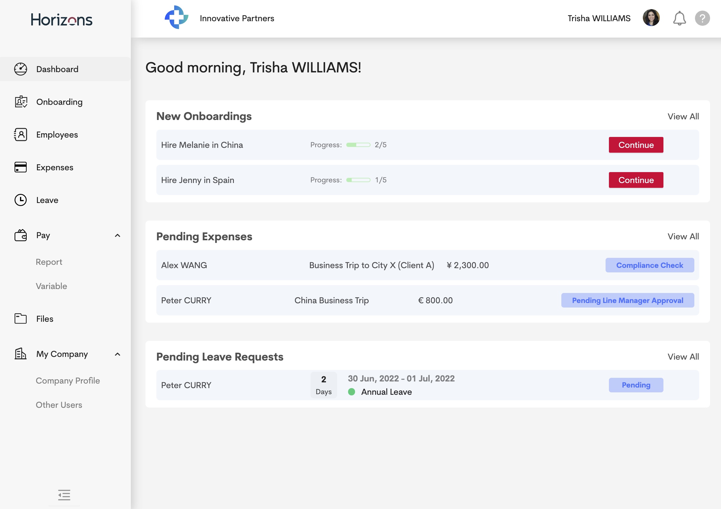 Horizons screenshot: Horizons dashboard