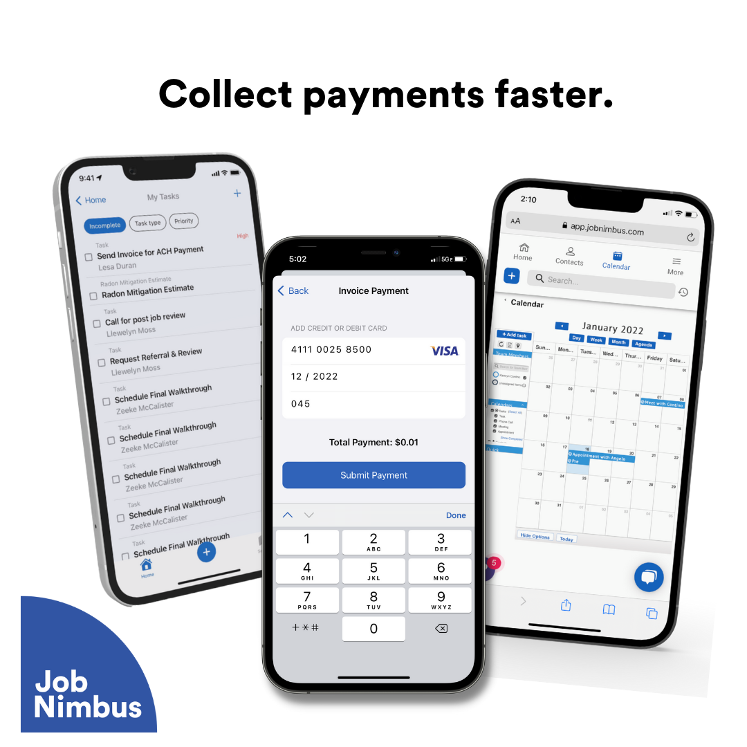JobNimbus Software - Keep your team connected to provide an exceptional customer experience. The App offers customer information at the jobsite, communication with the office and all tools to follow up on leads in the field.  Get more done in less time with JobNimbus.