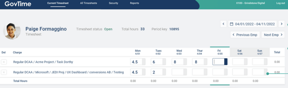 GovTime screenshot: GovTime timesheet