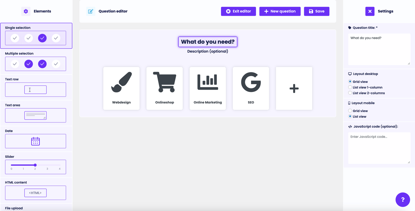 Funnelforms Software - Funnelforms question editor