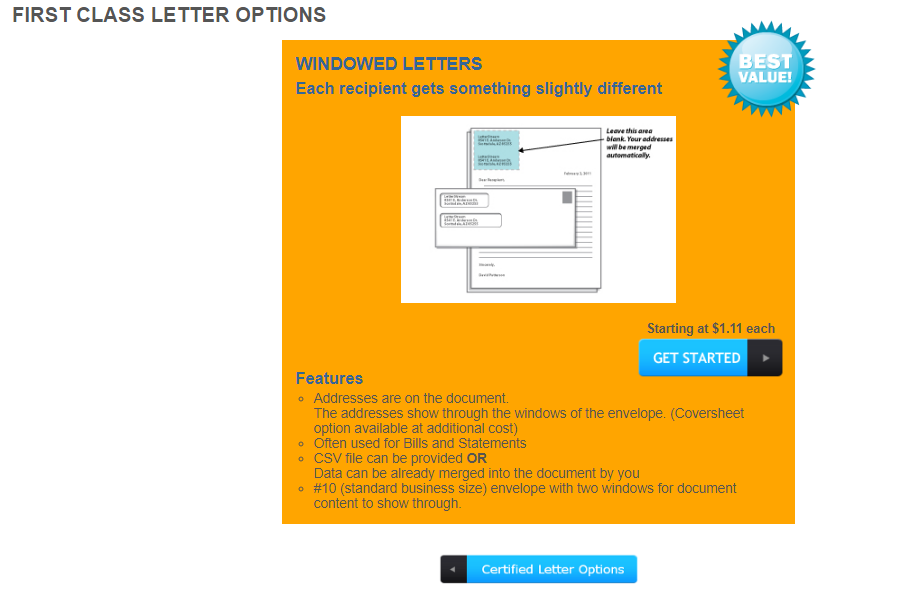 LetterStream screenshot: Service page for LetterStream about First-Class Mail with envelopes as the picture.