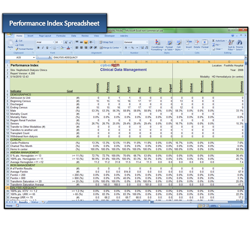 Performance index spreadsheet