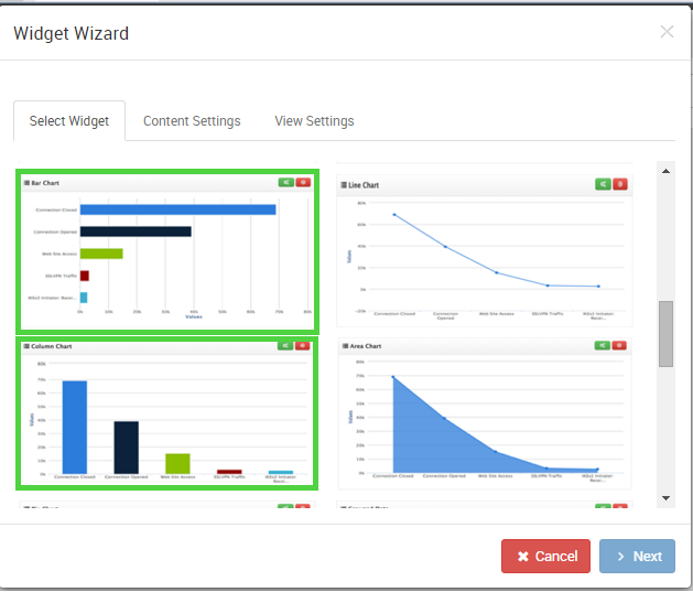 Logsign Software - Use the widget wizard to build a bar or column chart