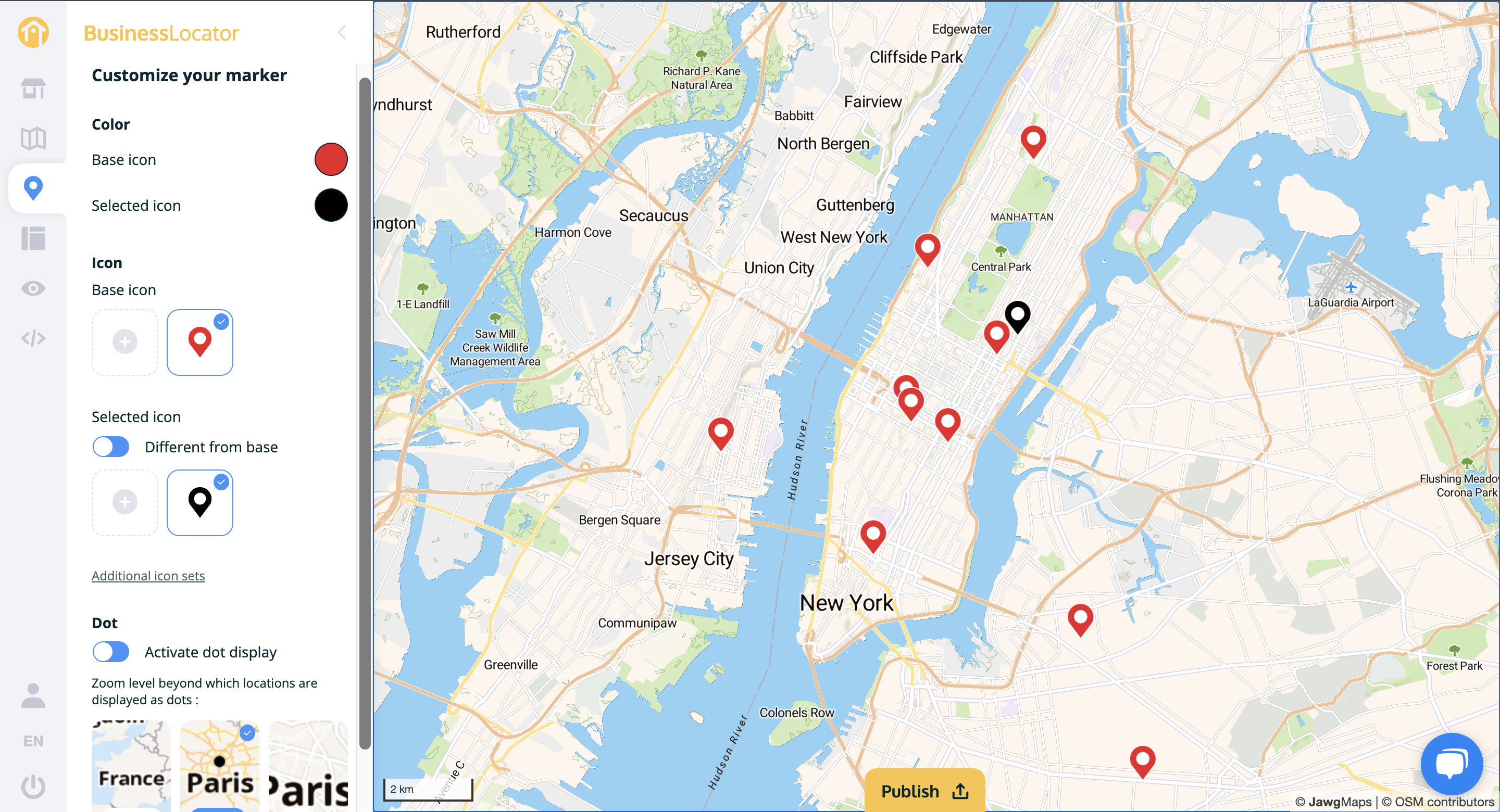 BusinessLocator Software - You can upload custom markers and choose to display your locations as "clusters" to improve user experience.