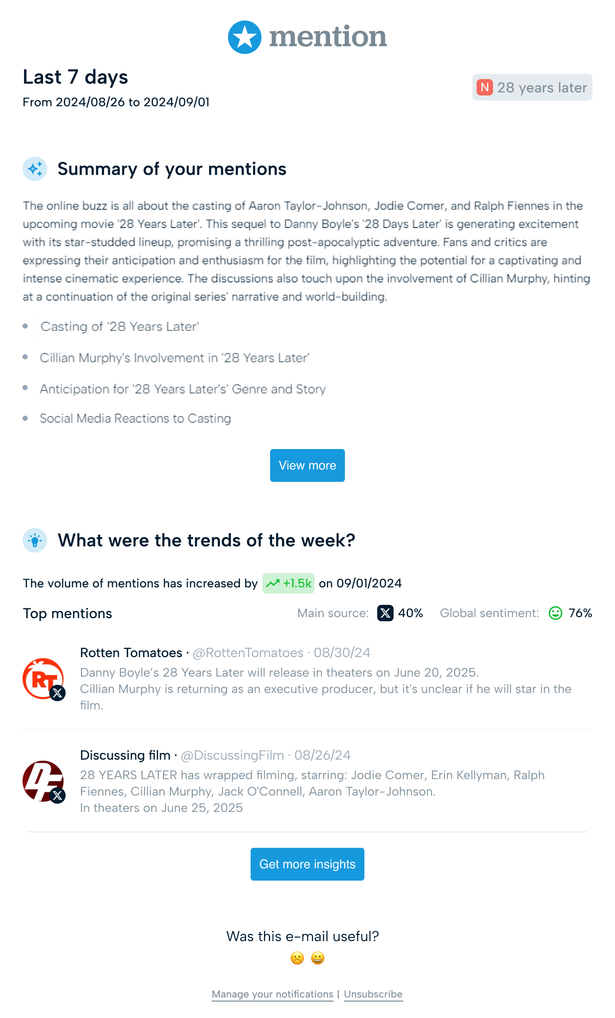 Mention Software - Mention's Alert overview. Directly in your Feed or sent to your mailbox, access an AI-generated summary of the latest mentions collected by Mention, along with several KPIs such as changes in volume, sentiment or the main sources of mentions coll