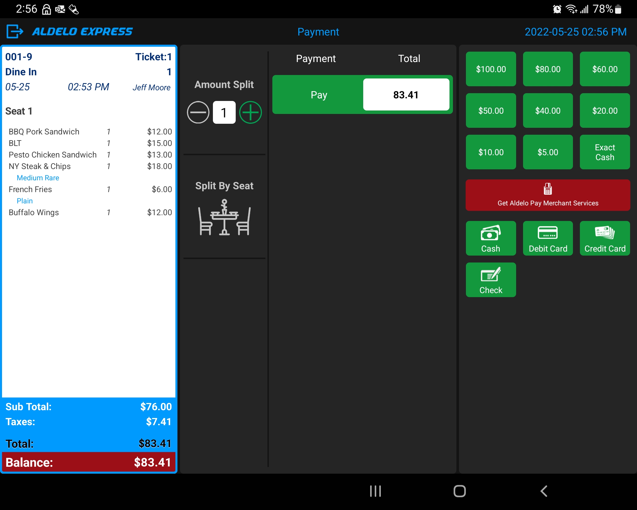 Payment display on Aldelo Express Android Tablet POS terminal
