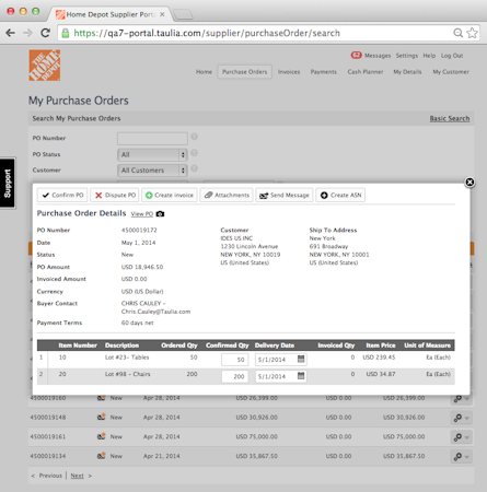 Taulia screenshot: Managing purchase orders in Taulia