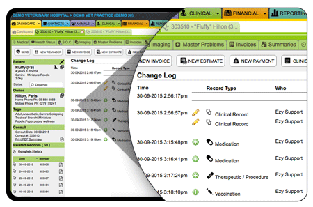 ezyVet Software - ezyVet's change log creates an audit trail so that data is never lost