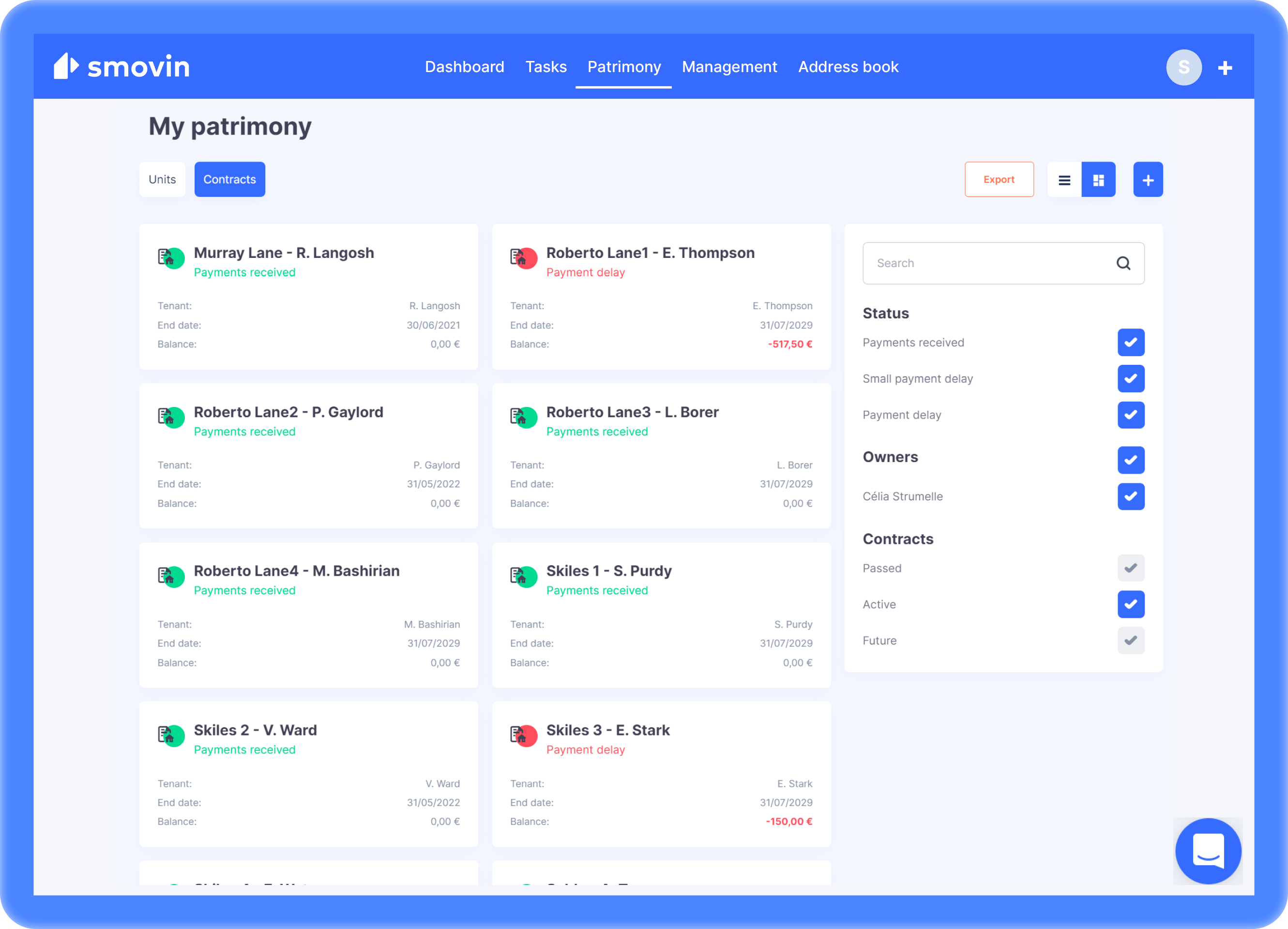 Smovin Software - Visibility of your contracts: here is a view of all your current contracts and their payment status: Red: there is a payment delay or outstanding tasks; Green: everything is in order.