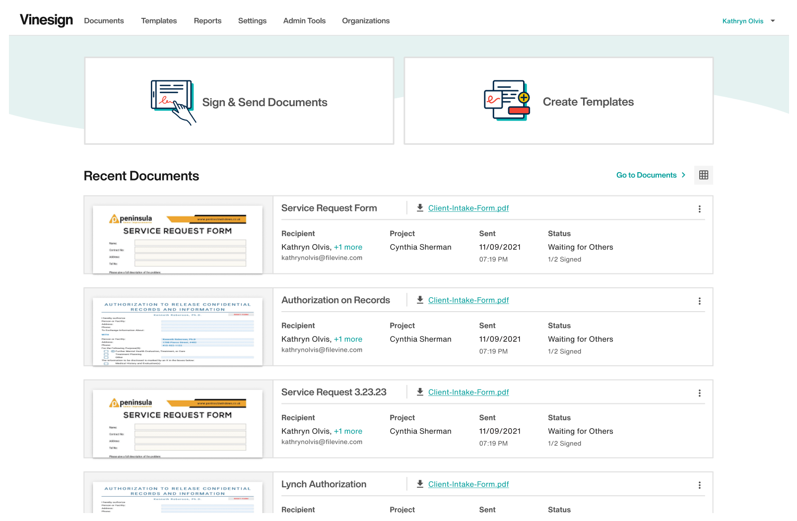 Vinesign screenshot: Vinesign recent documents