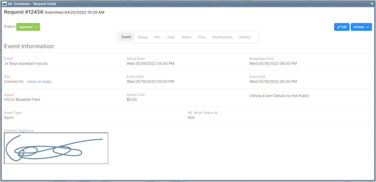 ML Schedules screenshot: Event Request Details Page