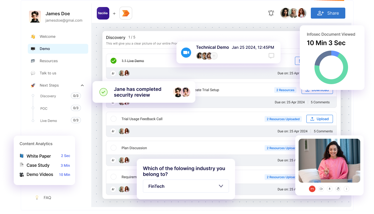 Buyerstage screenshot: A Single unified space for managing all your deals. Bring content, stakeholders, and communication under one single space to accelerate deal closures.