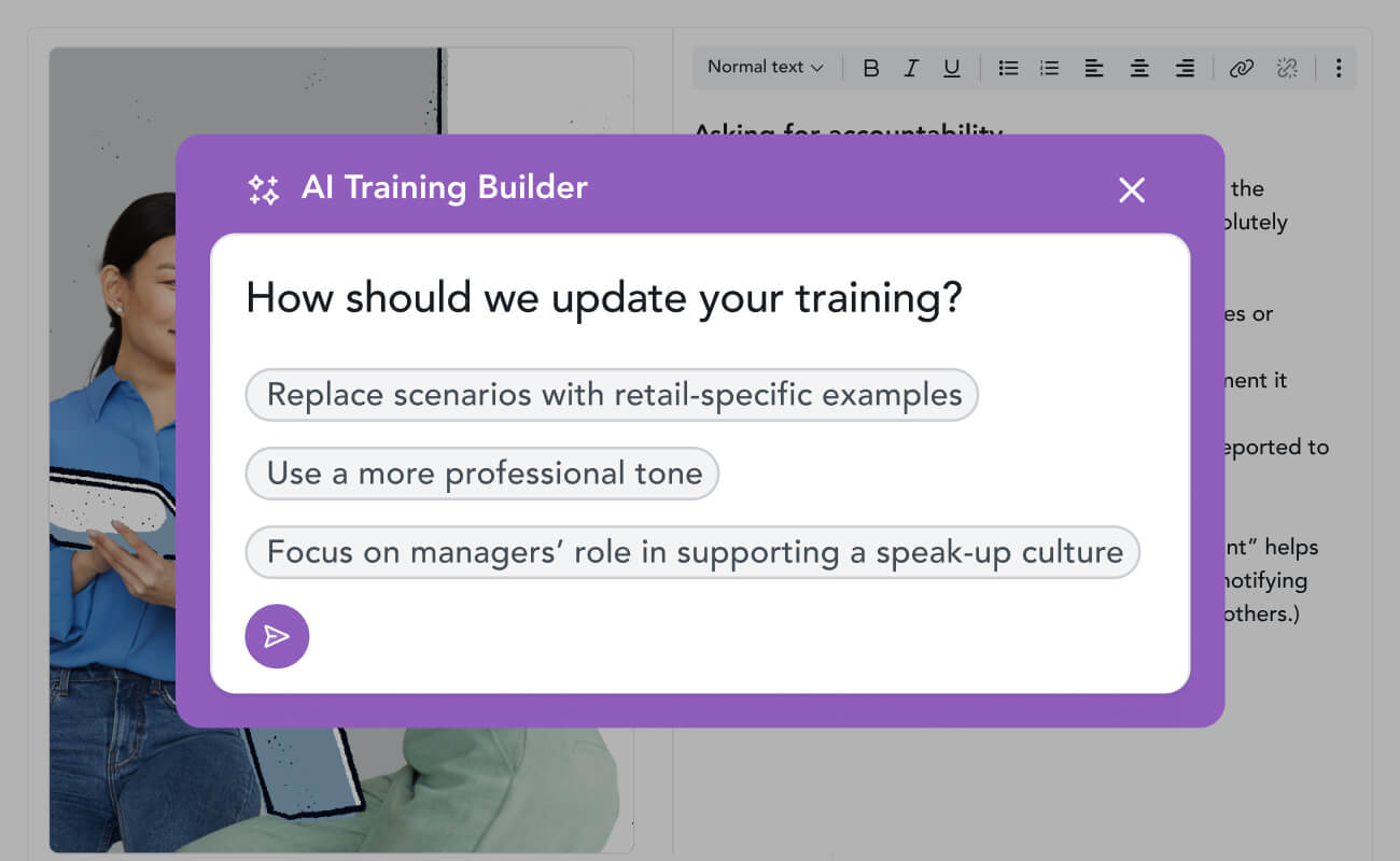 Ethena screenshot: Tailor Ethena’s top-rated courses to your brand and workplace using our AI Training Builder.